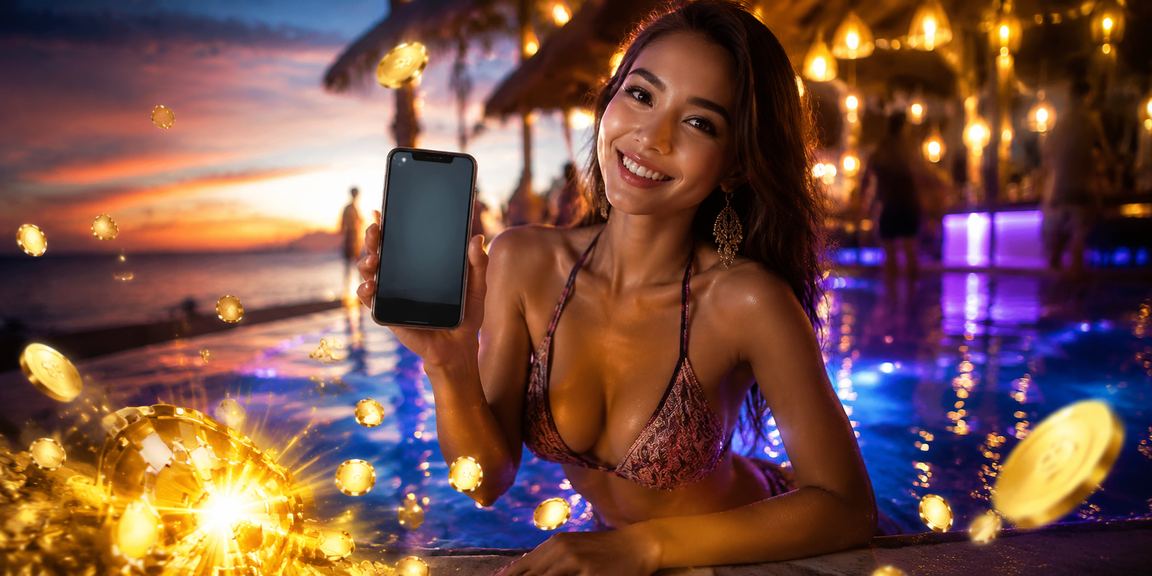 Seseorang menggunakan aplikasi casino dan pembayaran digital di tepi pantai tropis siang hari