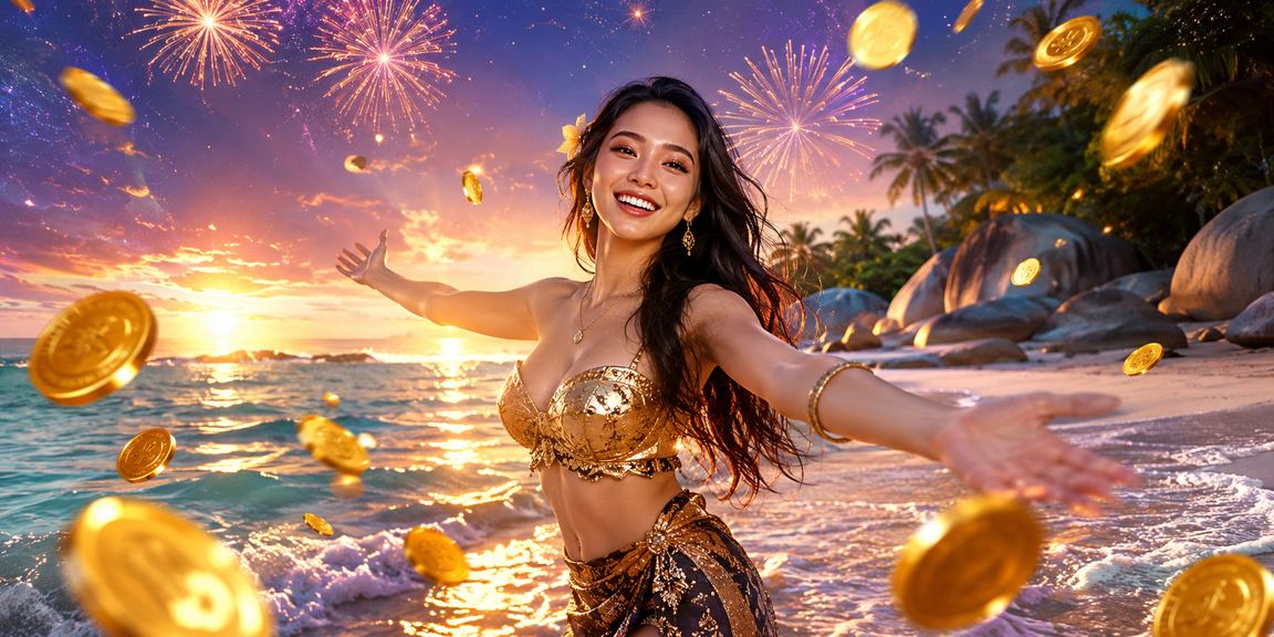Suasana hiburan pantai tropis dengan layar besar dan pengunjung yang menikmati casino mobile
